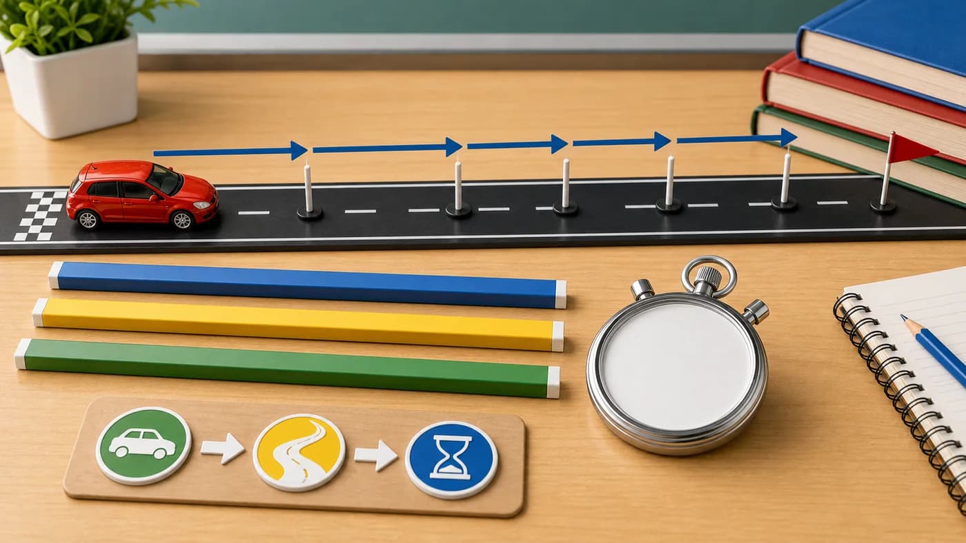 Toy car on a straight track with blank measuring rods, blank stopwatch, route arrows, and position markers.