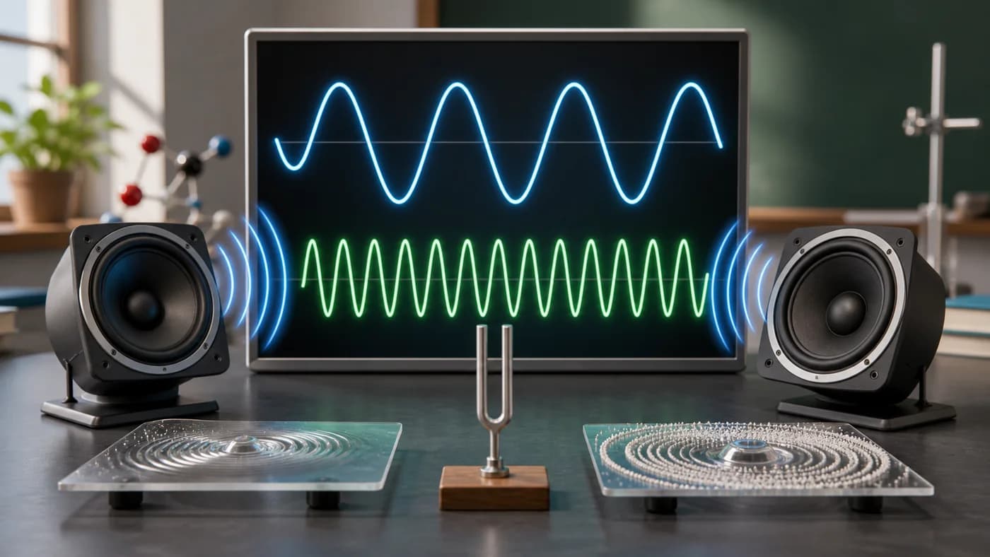 Speaker cones, tuning fork, and glowing wave shapes comparing tall waves and closely spaced waves.
