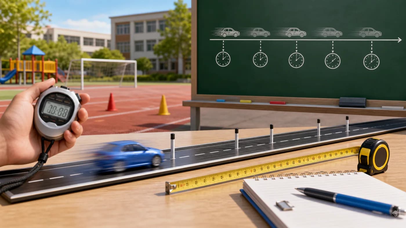 A toy car on a straight track with stopwatch, measuring tape, and motion markers showing speed calculation.