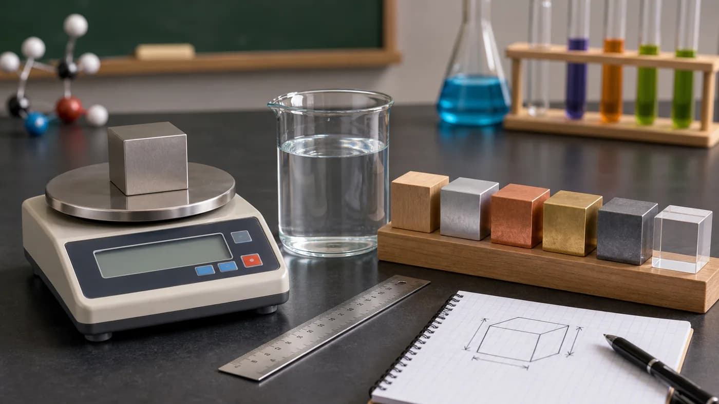A metal cube on a balance with ruler and regular solid blocks showing density from mass and volume.