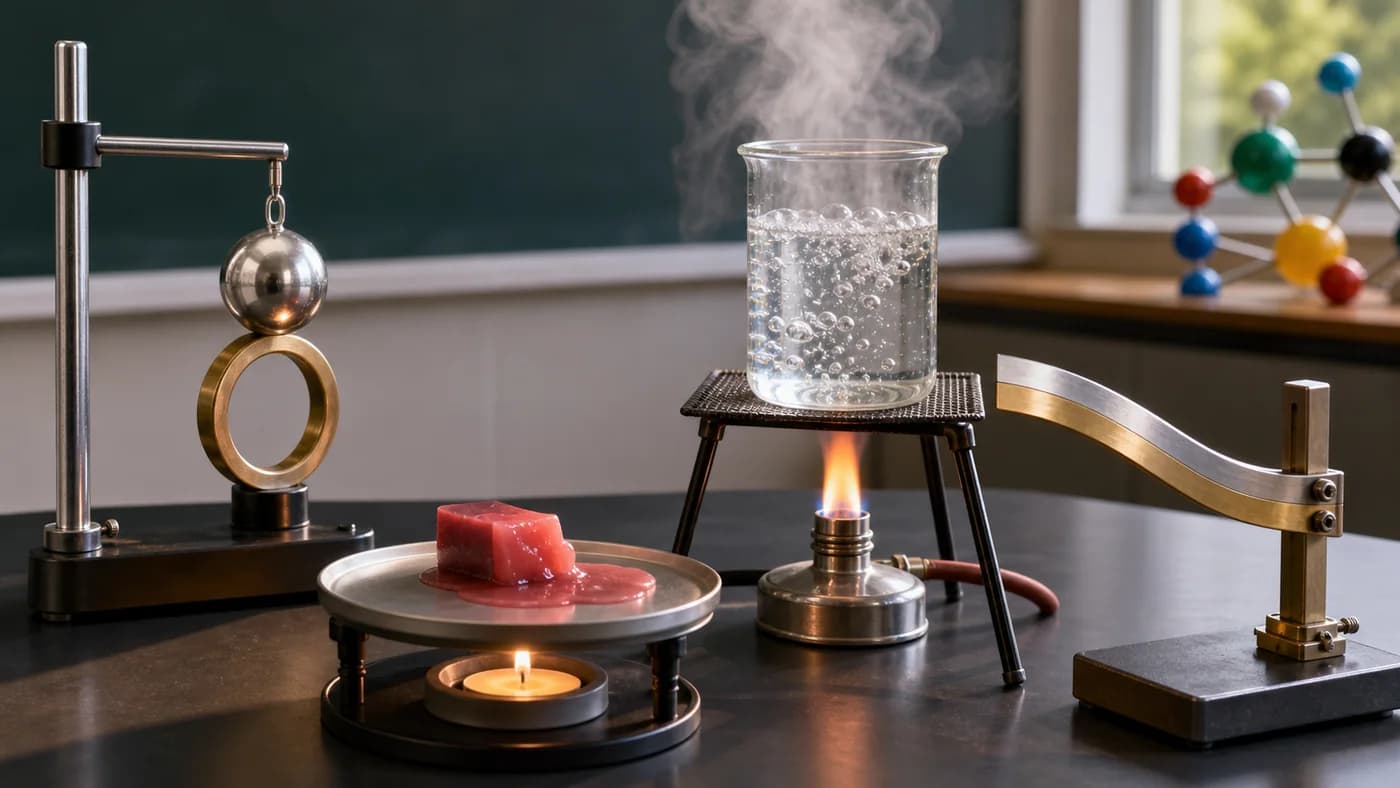 Expansion apparatus, melted wax, steam, and a bending bimetallic strip showing common effects of heat.