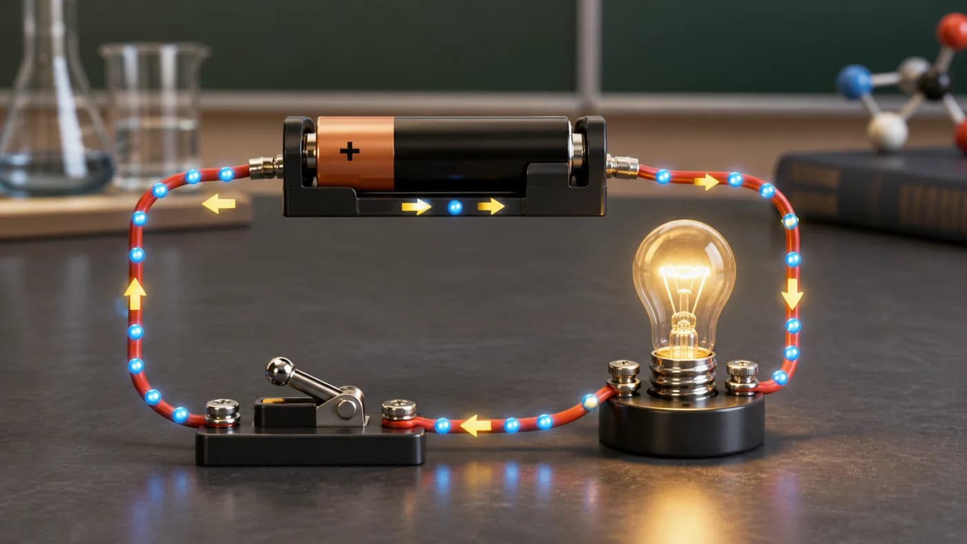 A simple closed circuit with cell holder, glowing bulb, switch, wires, and charge particles moving along the path.