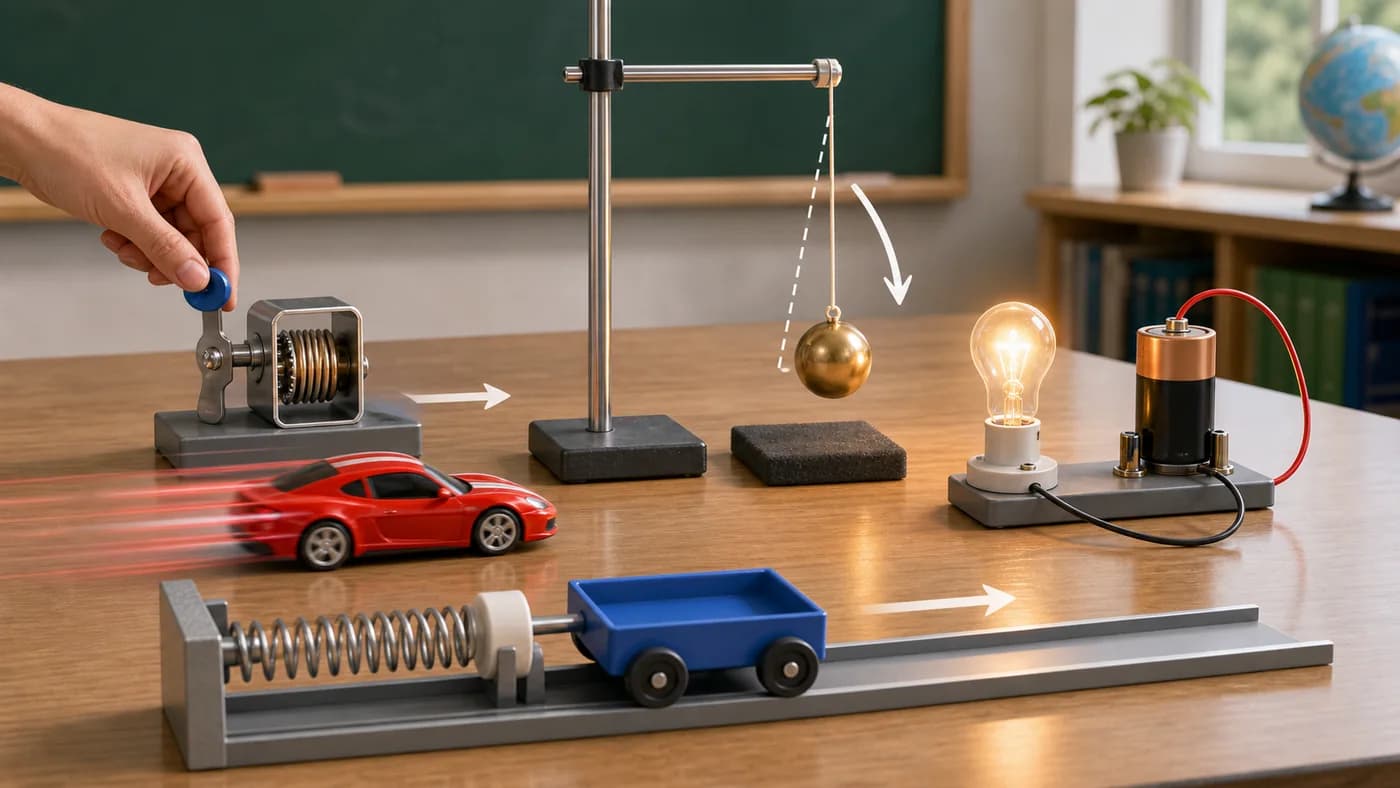 A toy car, raised ball, glowing bulb, and compressed spring showing energy as capacity to do work.