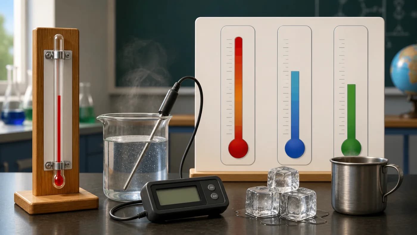 A thermometer, digital probe, warm water, ice cubes, and blank scale bars showing temperature measurement.