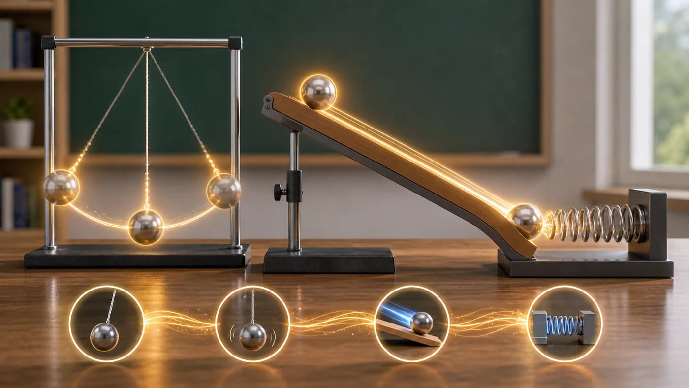 A pendulum, ramp, ball, and spring with a continuous energy trail showing energy changing form.