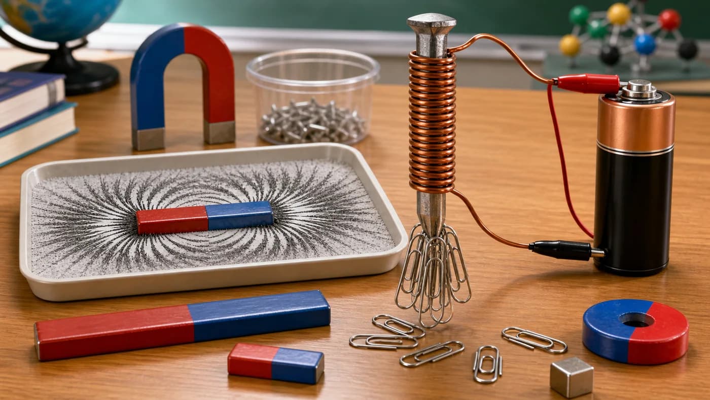 Bar magnets, iron filings field pattern, and coil-wrapped nail electromagnet attracting paper clips.