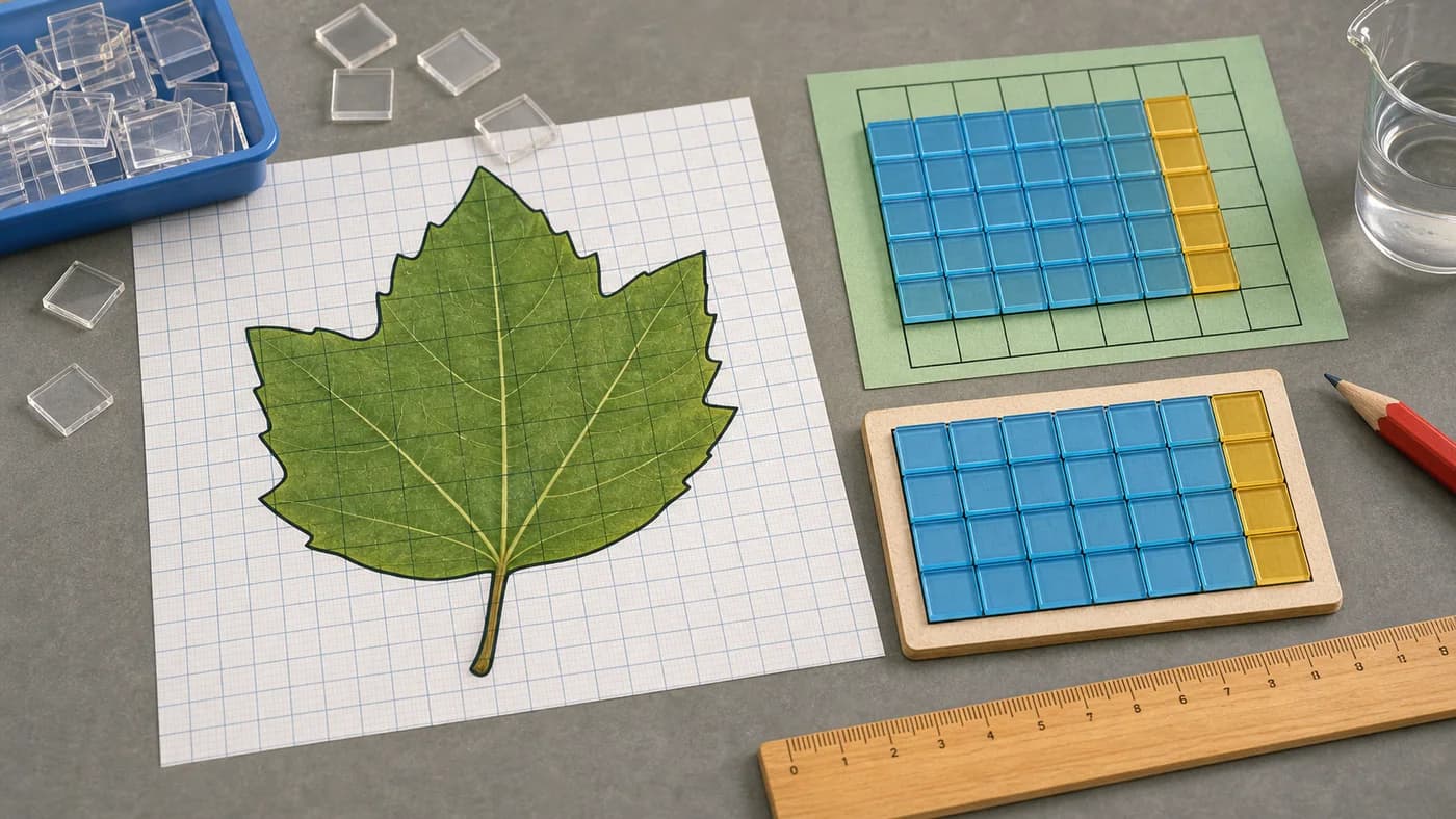 Graph paper, square tiles, a leaf outline, ruler, and rectangle model showing area measurement by counted squares.