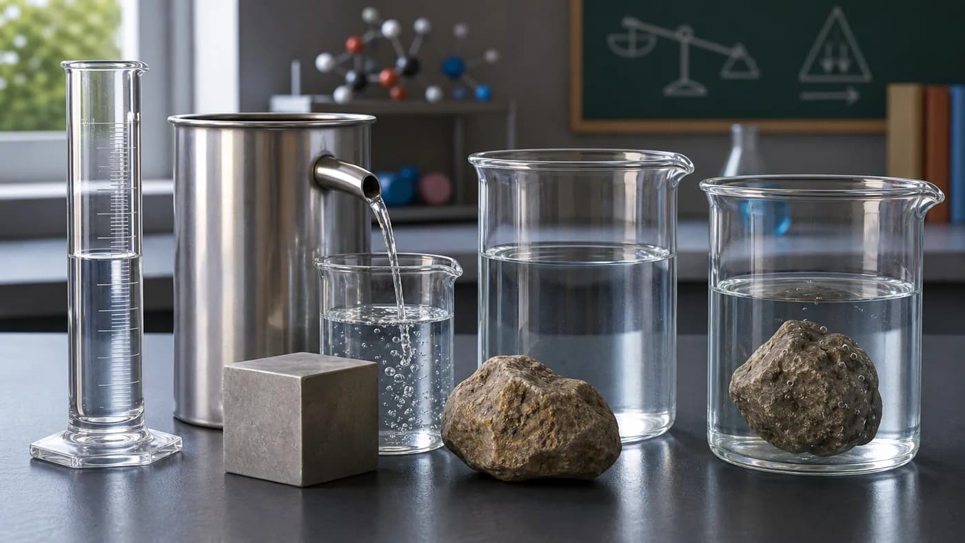A physics lab bench with measuring cylinder, overflow can, cube, stone, and water displacement apparatus for measuring volume.