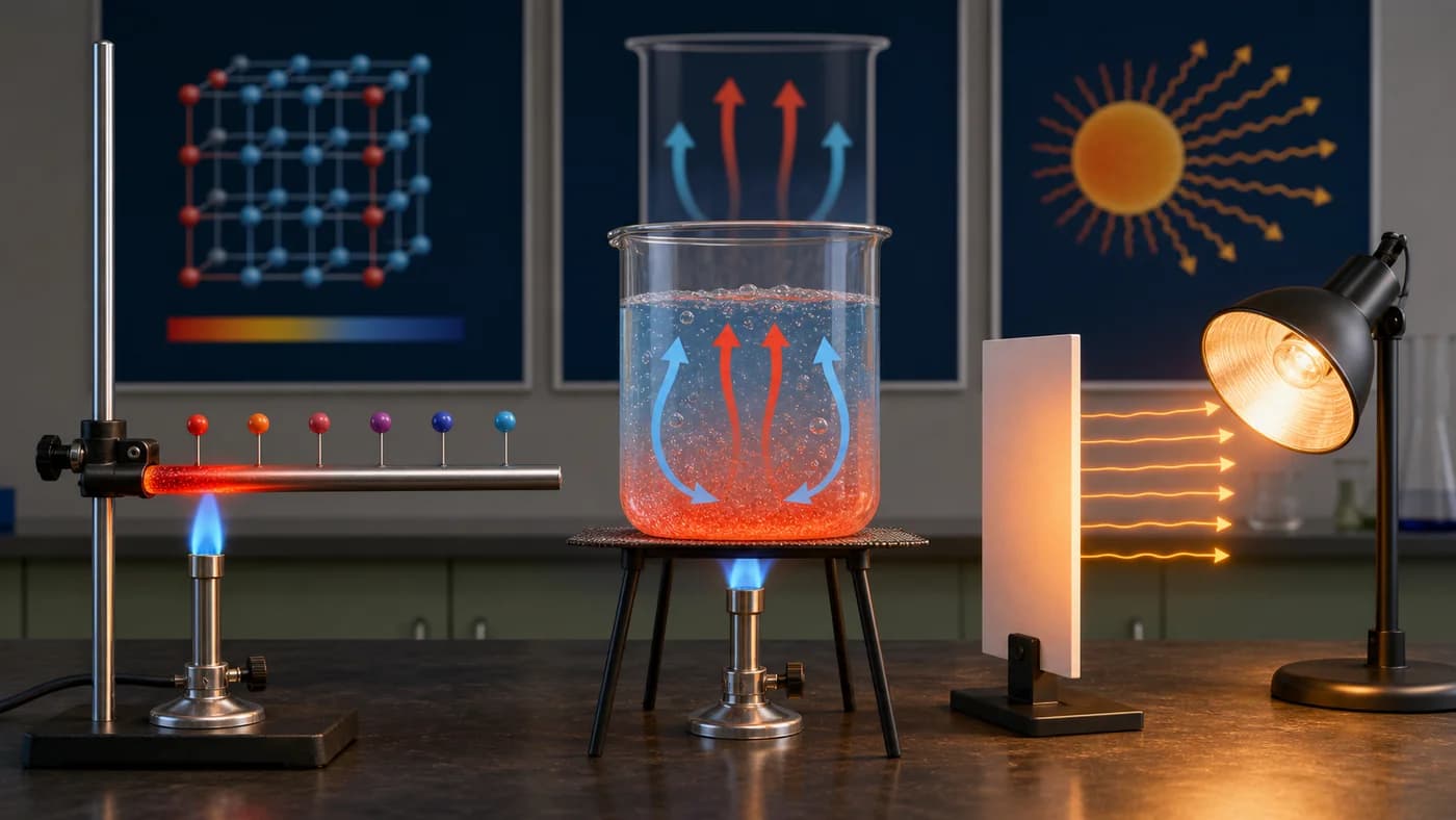 Conduction, convection, and radiation apparatus arranged as three heat transfer demonstrations.