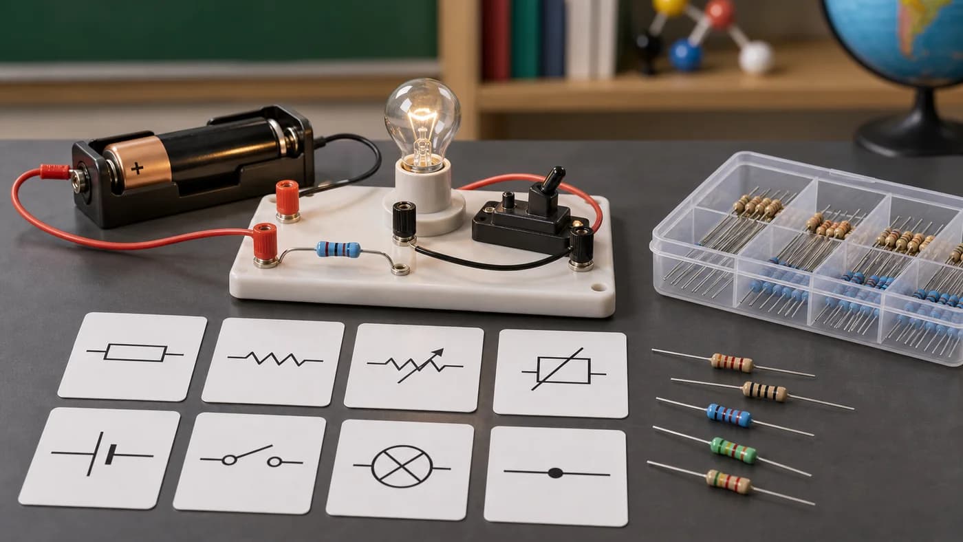 Real resistors, bulb, cell, switch, circuit board, and blank symbol cards with simple line drawings.