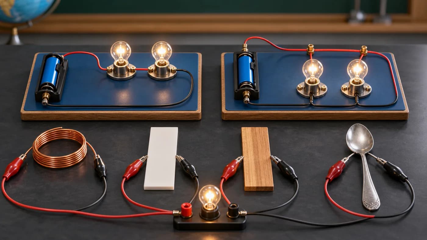 Series and parallel bulb circuits beside copper, plastic, wood, and metal samples for conductor testing.