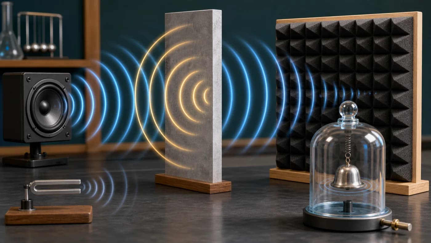 A speaker sending wave rings toward a hard wall, foam panel, and bell jar model showing propagation, reflection, and absorption.