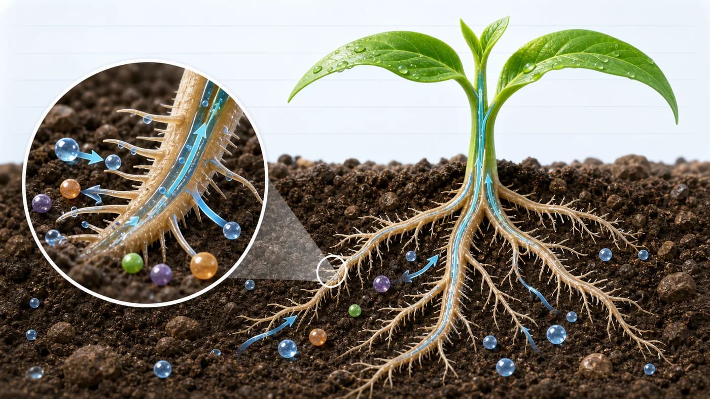 Plant roots in soil absorbing water and minerals through root hairs, with water moving upward into the stem.