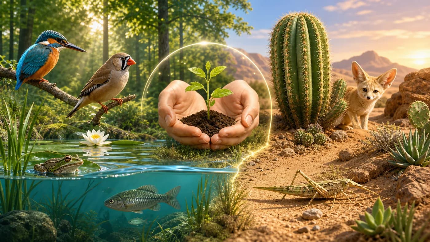 Plants and animals in different habitats showing adaptations, with conservation cues protecting a sapling.