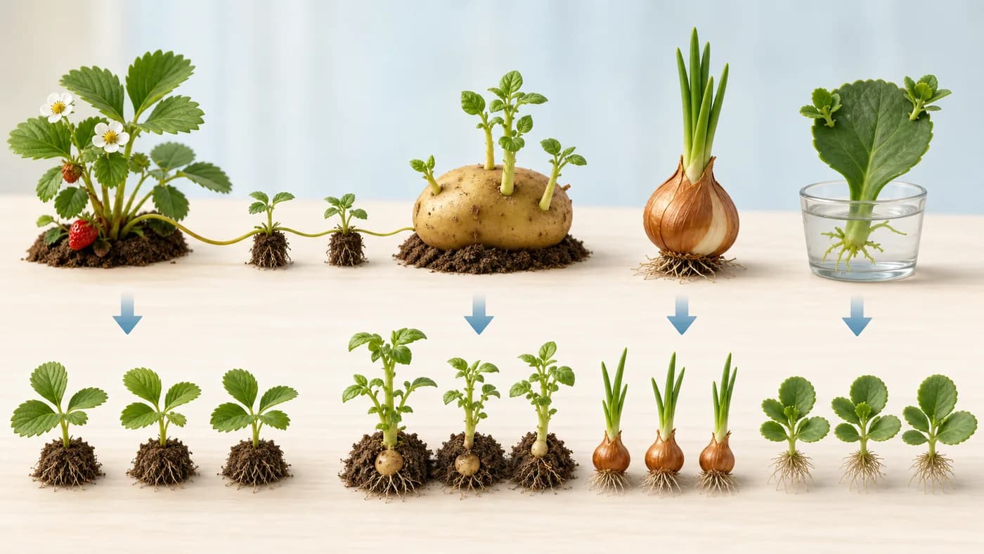 Plant propagation examples including runners, tubers, bulbs, and cuttings forming new young plants.