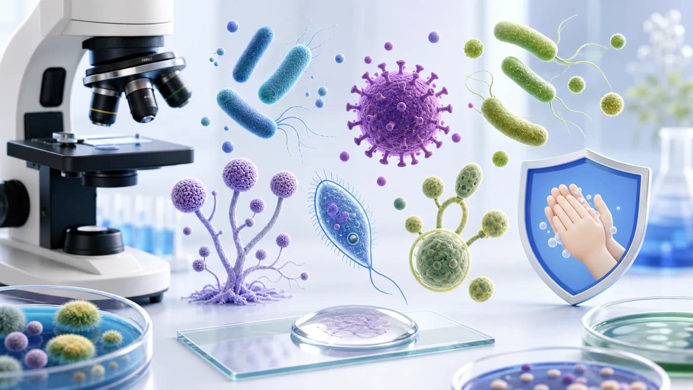 Microscope, microbes, hygiene cues, and a protective health symbol showing disease prevention and immunity.