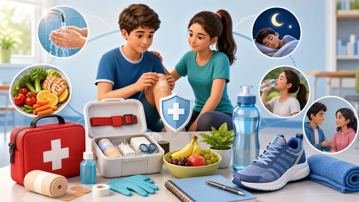 First aid kit and healthy living cues showing safety, hygiene, care, and adolescent health.