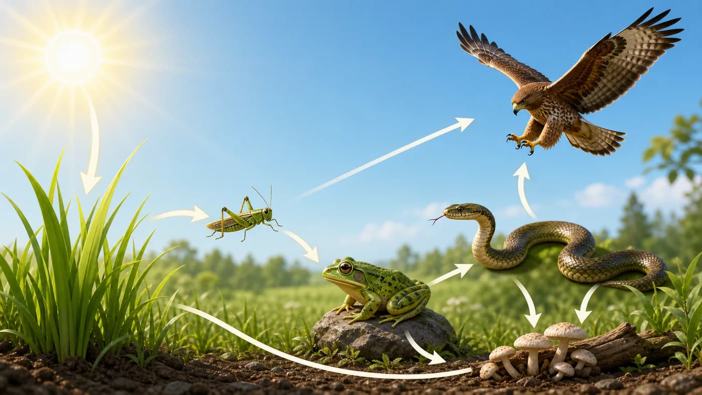 Ecosystem organisms connected by arrows to show food chains, food webs, and energy transfer.