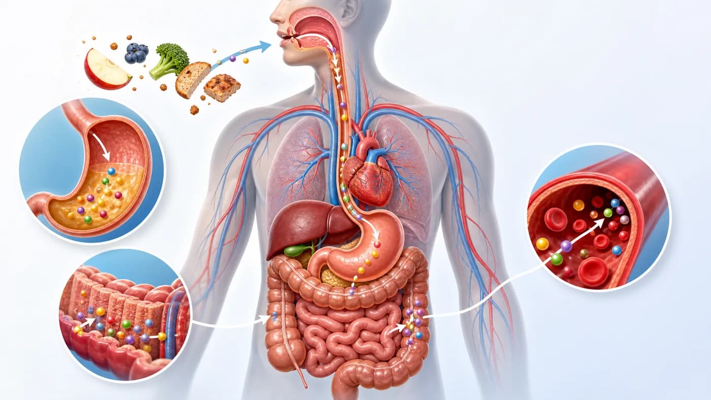 Human torso showing digestion, nutrient absorption, heart, and blood vessels working together.