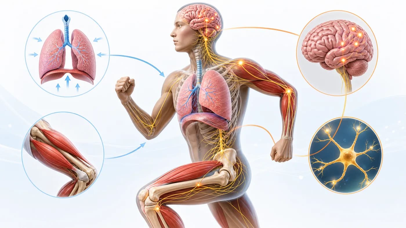 Human body systems visual showing lungs, muscles, bones, brain, and nerves coordinating movement and breathing.