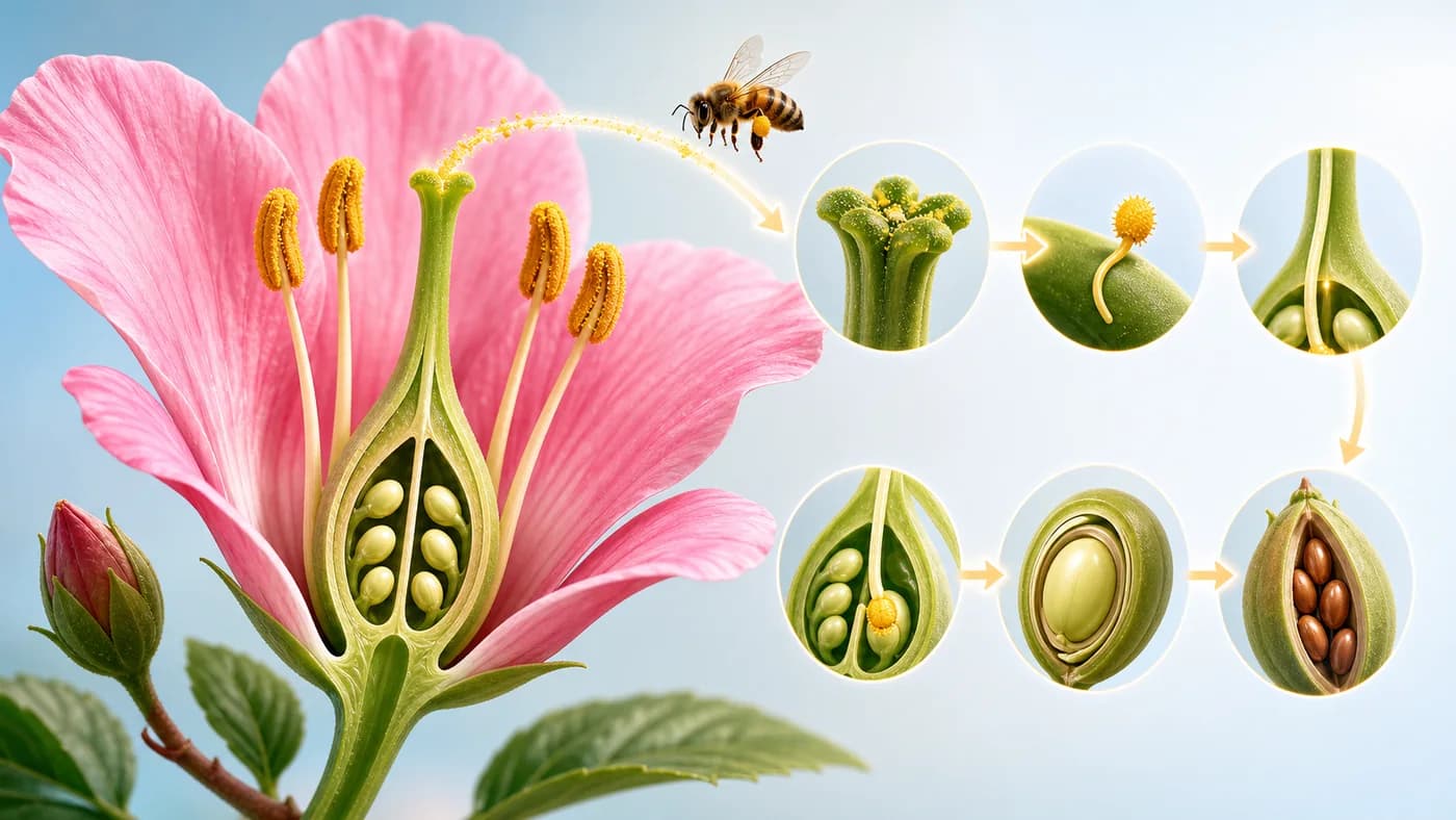 Flower cross-section showing pollen transfer and seed formation inside a flowering plant.