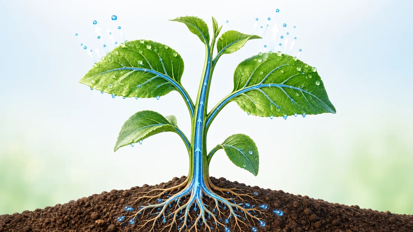 Leafy plant showing water transport from roots through the stem and water vapour leaving the leaves.