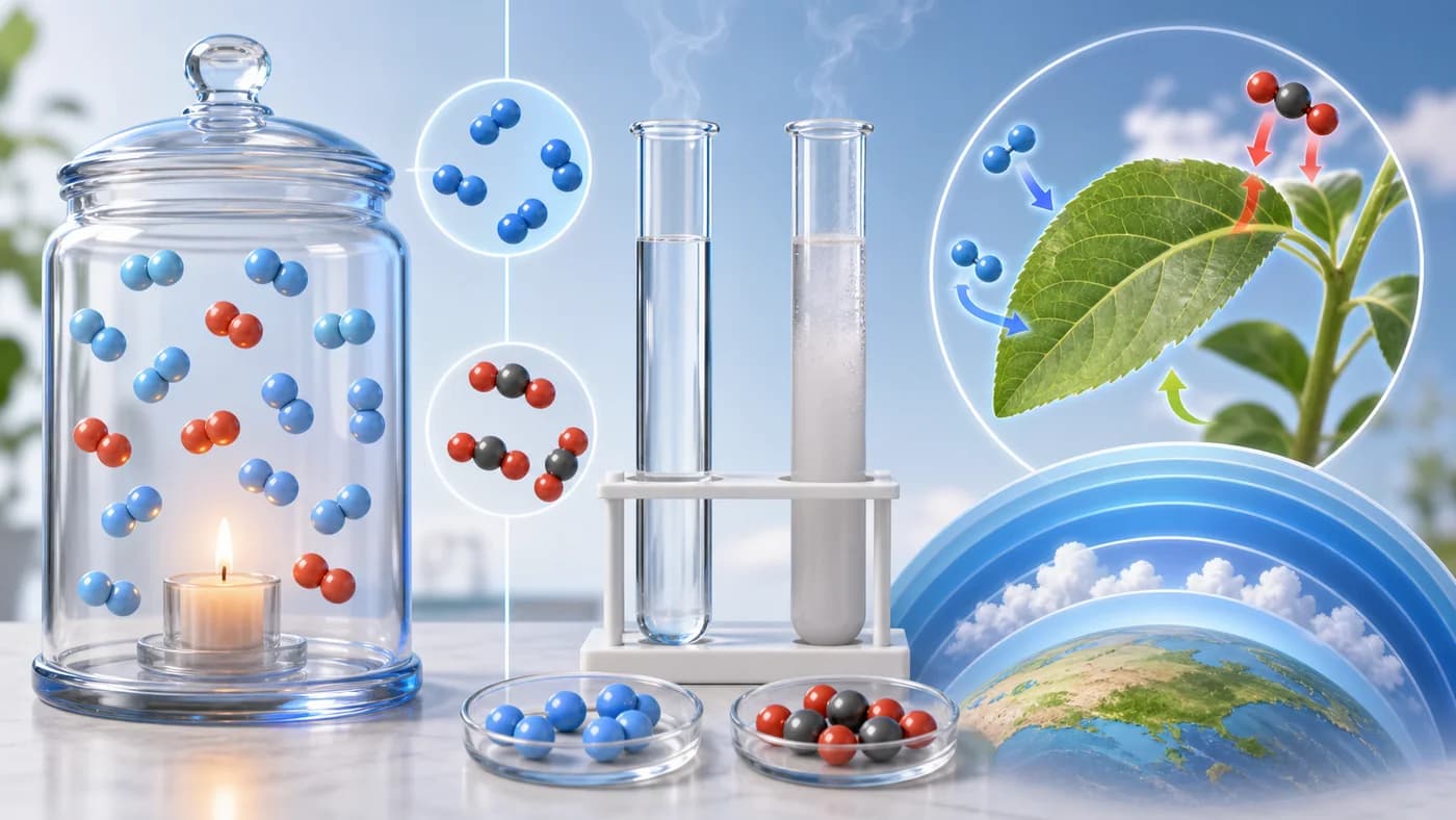 Gas particle models, oxygen test cue, carbon dioxide test cue, and plant gas exchange visual.