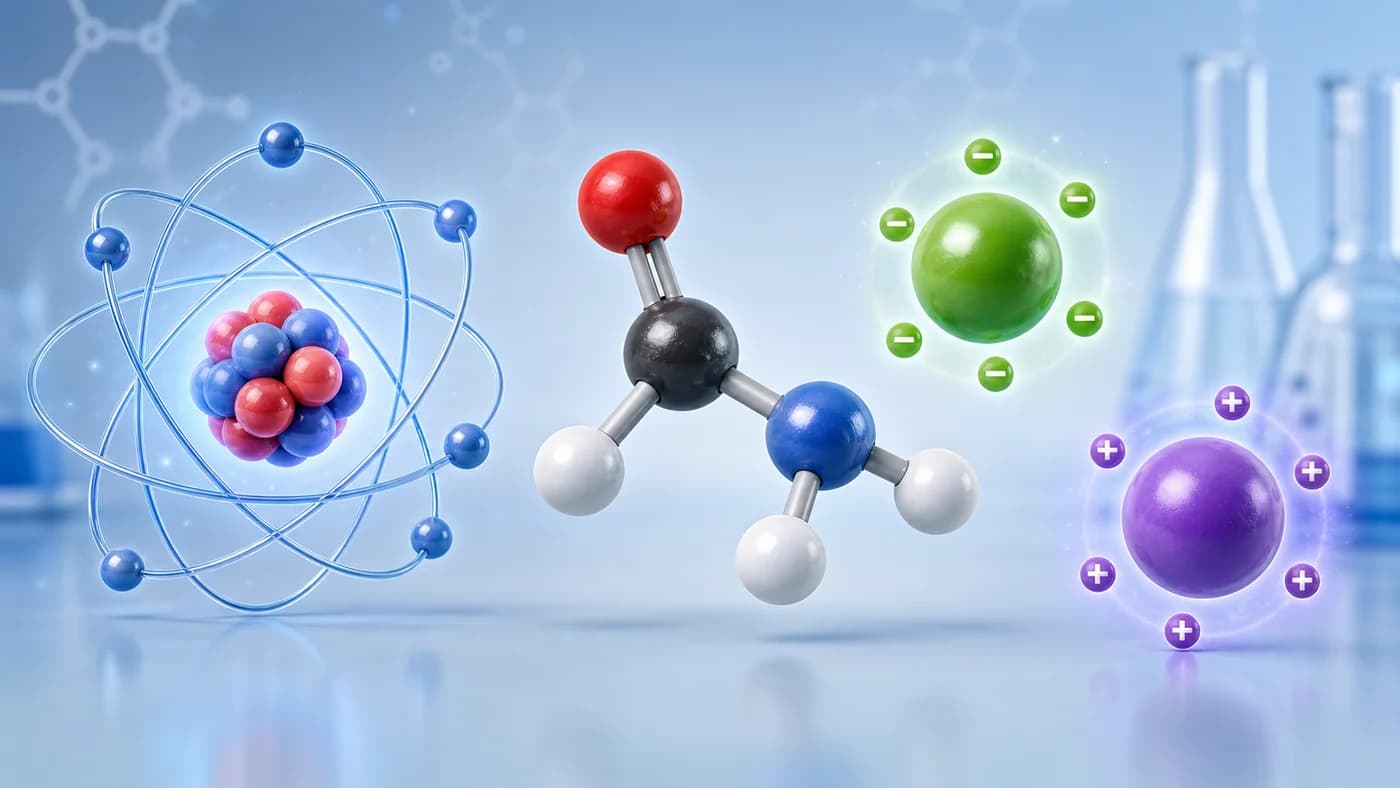 Atom, molecule, and ion particle models showing nucleus, electron shells, and charged particles.