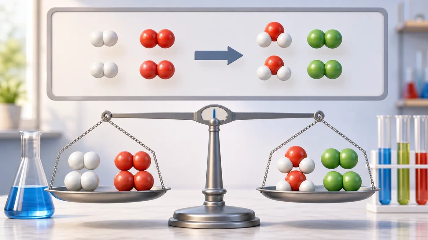 Balance scale with molecular model particles on both sides showing conservation of atoms in equations.