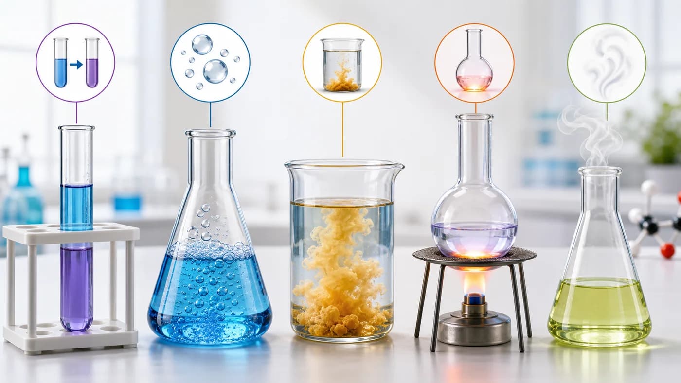 Lab glassware showing colour change, gas bubbles, precipitate formation, heat, and vapour cues during reactions.