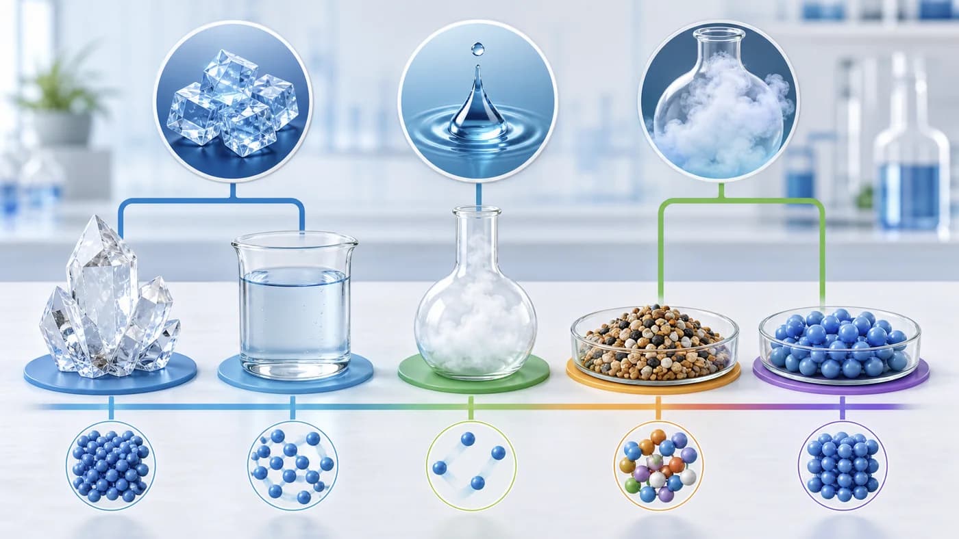 Grouped solids, liquids, gases, pure substances, and mixtures arranged to show classification of matter.