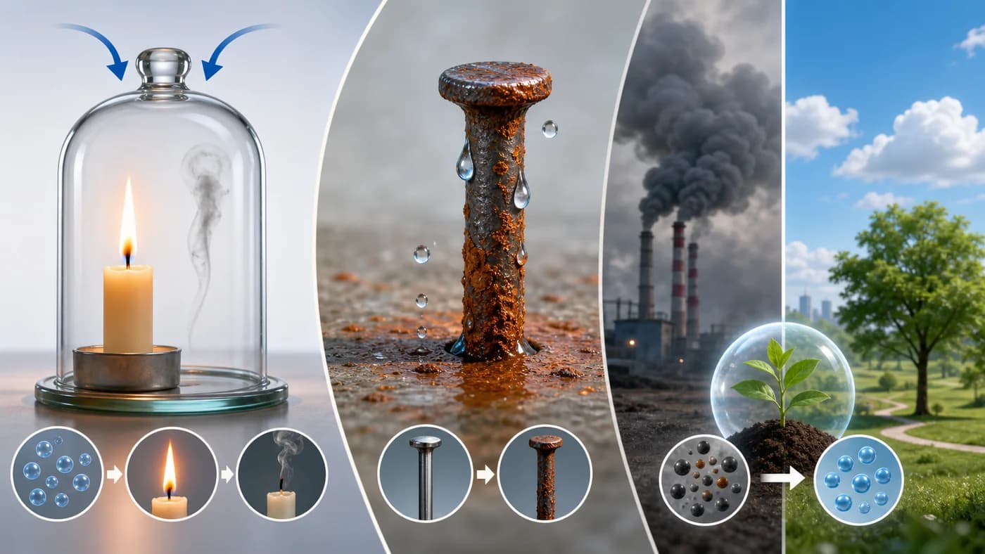 Candle combustion, rusting iron, and clean-versus-polluted air cues showing effects of air and oxygen.