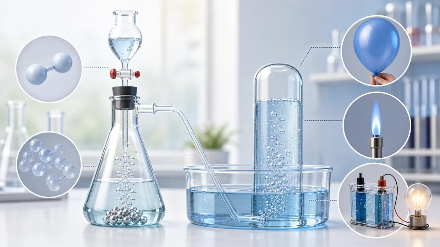 Hydrogen preparation apparatus with gas collection, bubbles, and safe use cues.