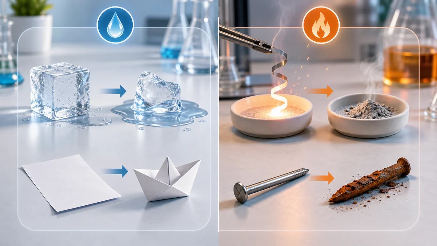 Melting ice, folded paper, burning ribbon, and rusting nail showing physical and chemical changes.