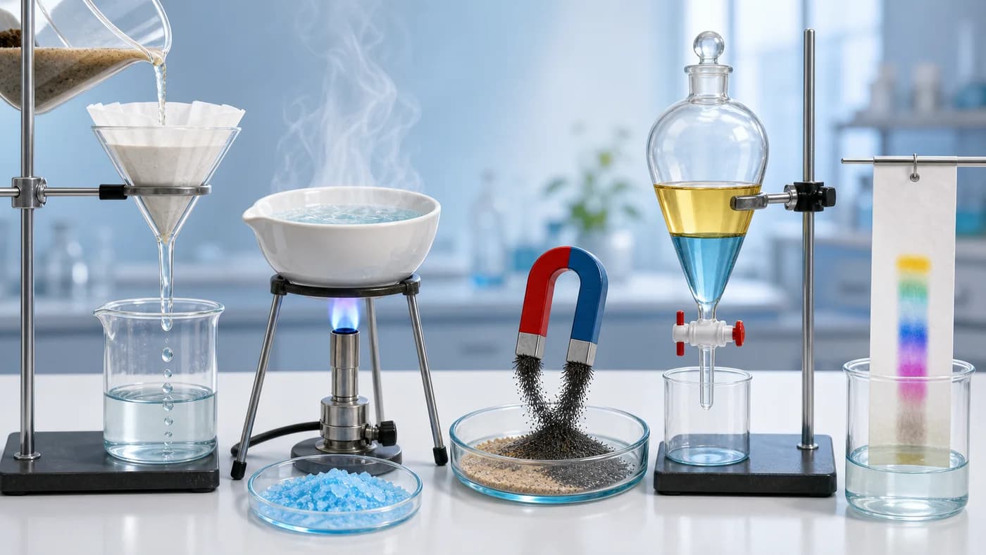 Filtration, evaporation, magnetic separation, separating funnel, and chromatography apparatus showing mixture separation methods.