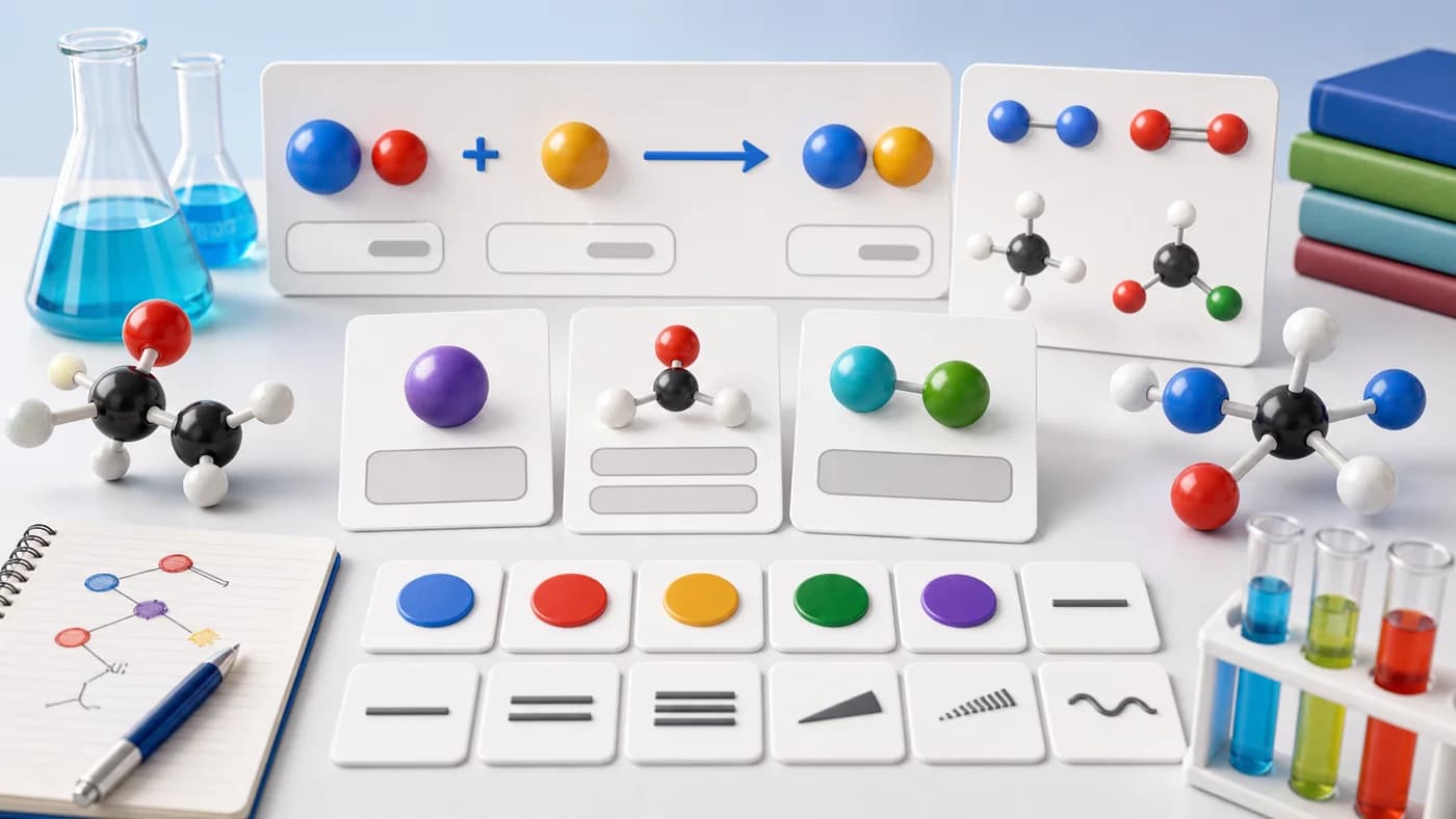 Molecular model pieces, blank symbol tiles, and reaction shapes showing the language of chemistry without text.
