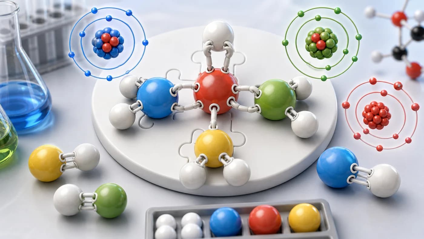 Colourful atom spheres connecting like puzzle pieces to show valency and formula formation.