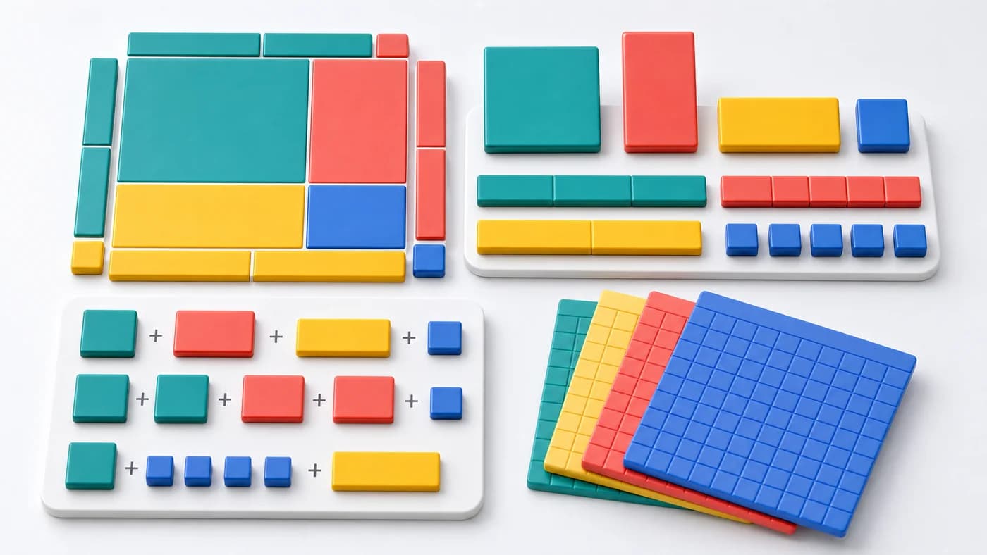 Algebra tiles and rectangle area models showing expressions and identities.