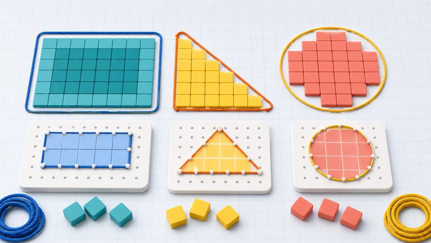 Coloured shapes on a grid mat with boundary string and filled tiles showing area and perimeter.