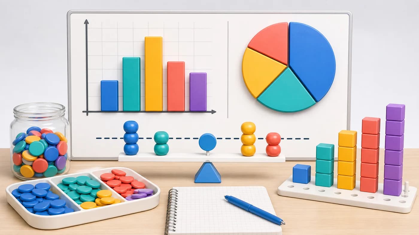 Block bars, chart segments, counters, and levelled bead stacks showing data representation and averages.