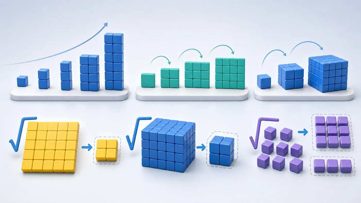Square tile arrays, cube blocks, and grouped solids showing exponents, squares, cubes, and roots.