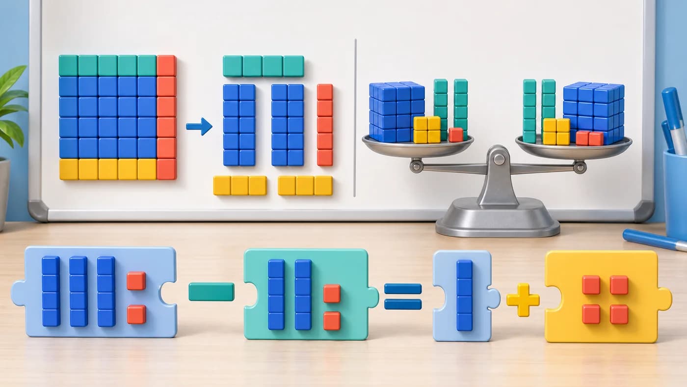 Algebra tiles, balance scale, and puzzle pieces showing factorisation and linear equation solving.