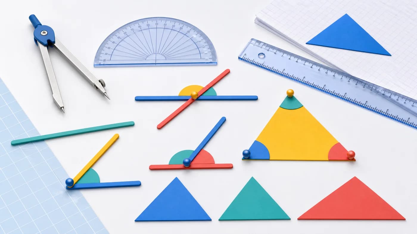 Geometry tools, line sticks, angle arcs, and triangle cutouts showing lines, angles, and triangles.