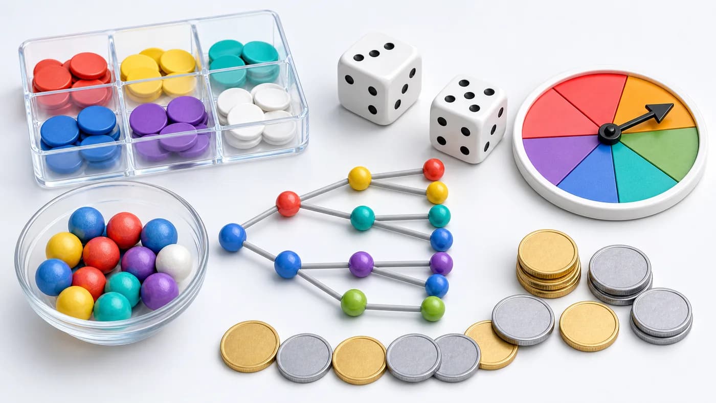 Dice, coins, spinner, counters, and outcome paths showing basic probability experiments.