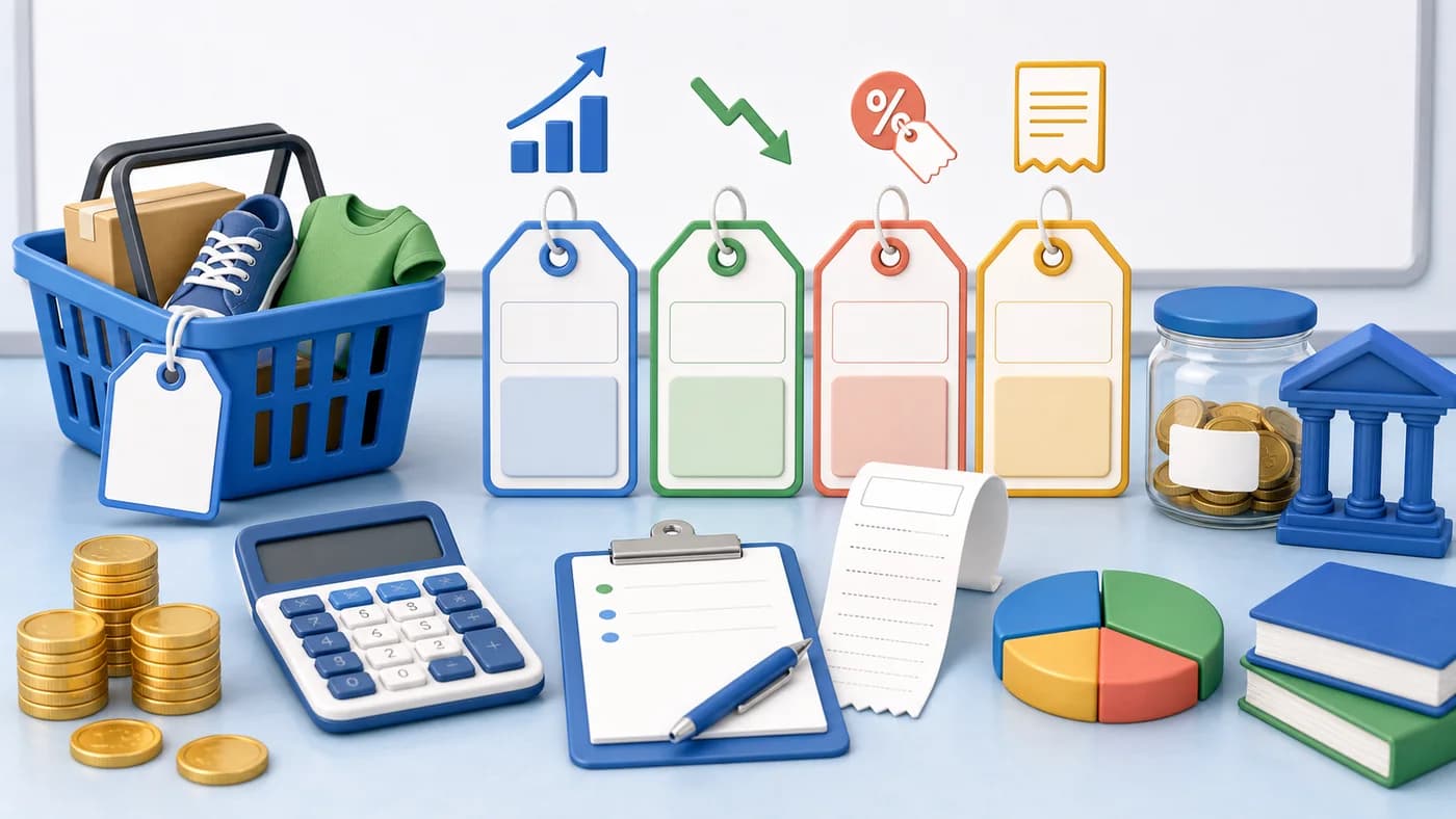 Coins, blank tags, calculator, shopping basket, and arrows showing commercial mathematics ideas.