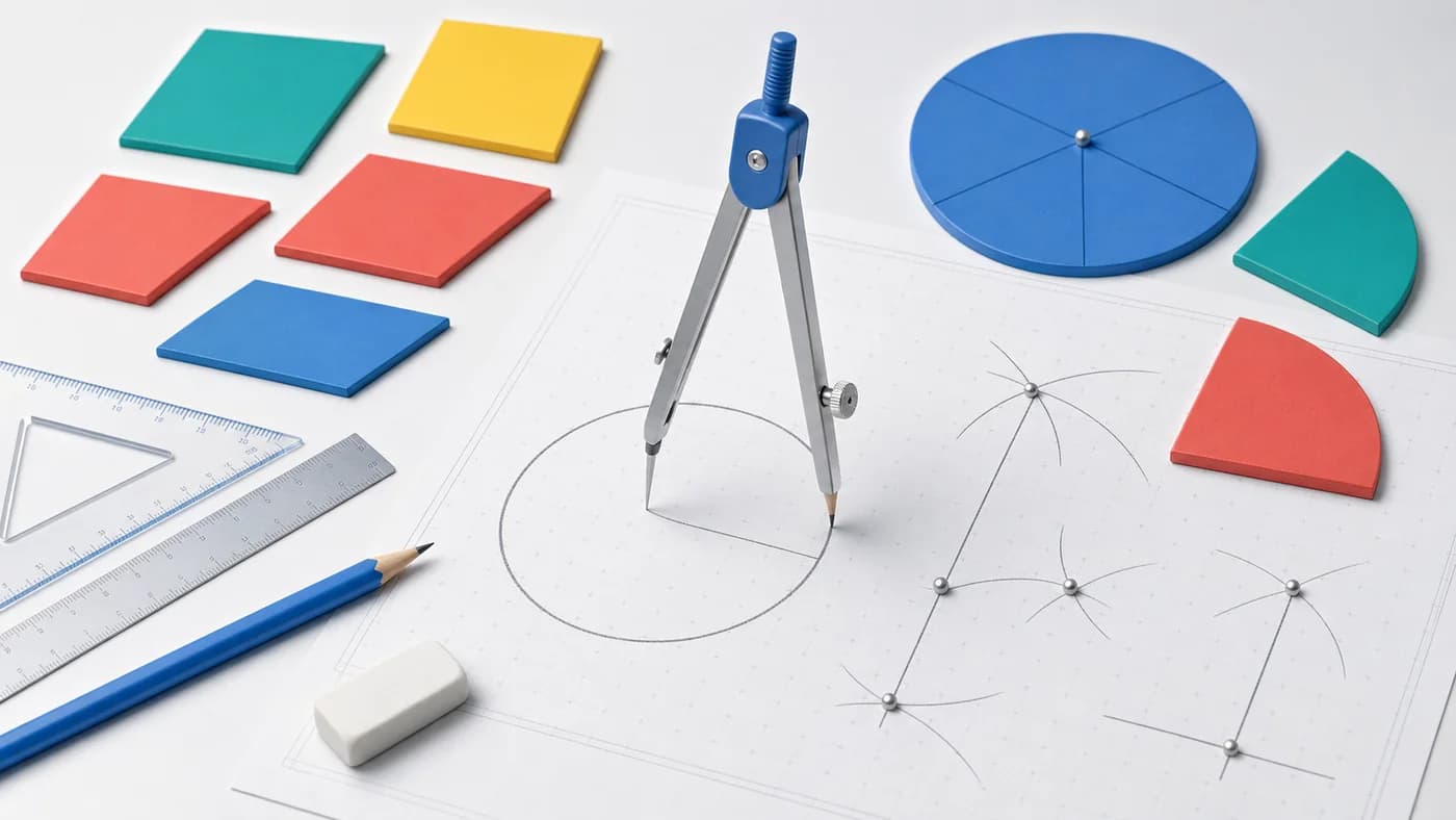 Compass, straightedge, construction arcs, quadrilaterals, and circles on a geometry board.