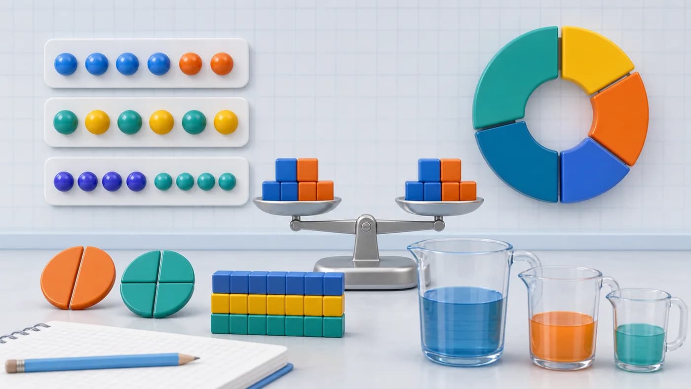 Bead groups, balance scale, and segmented circle showing ratio, proportion, and percentage ideas.