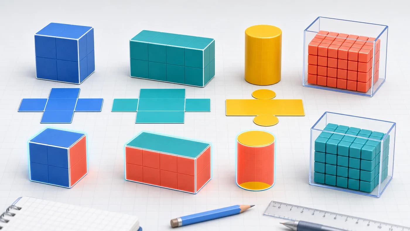Solids, nets, panels, and unit cubes showing surface area and volume.