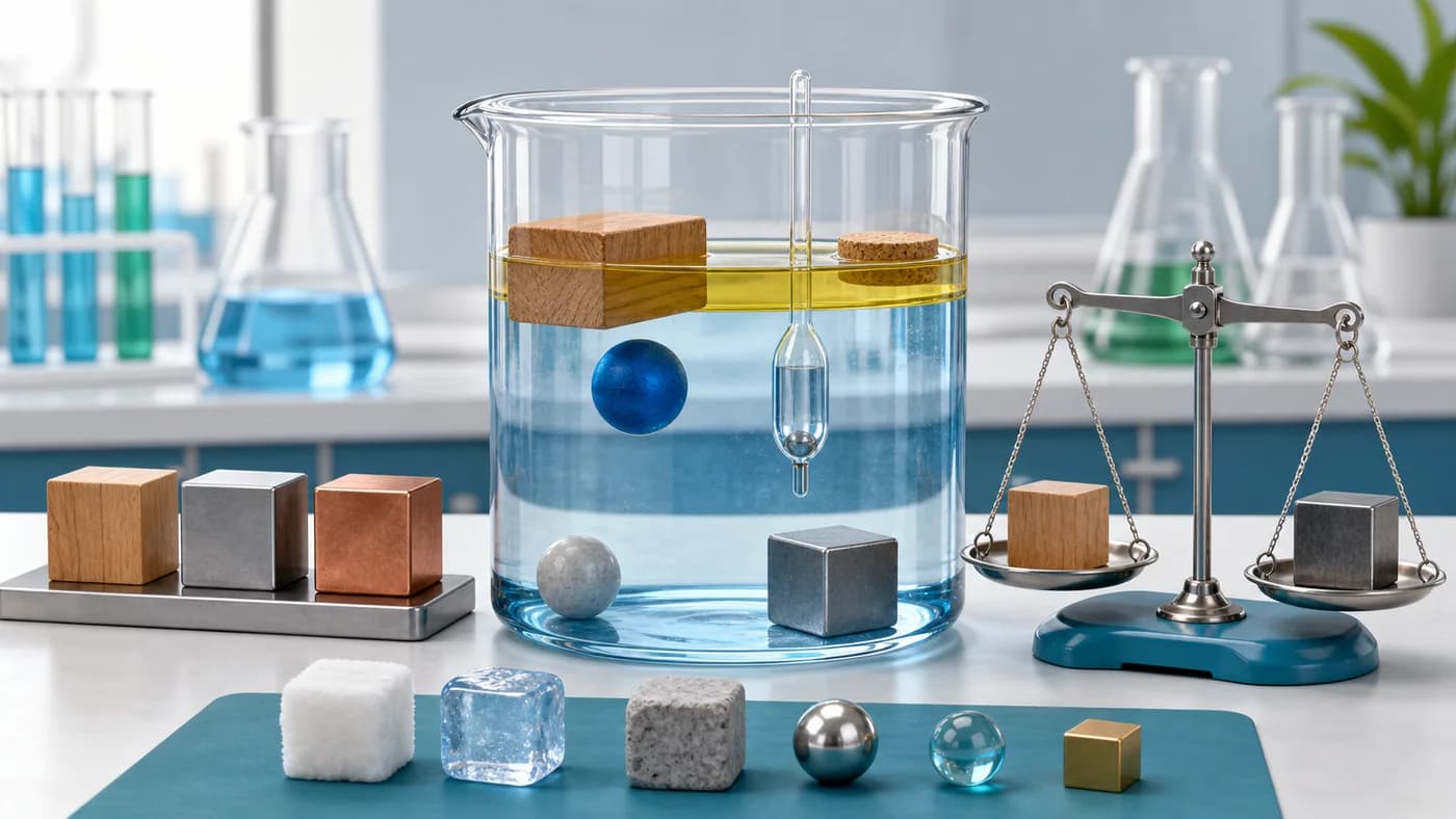 Floating and sinking objects, hydrometer, and balance scale showing density and relative density.