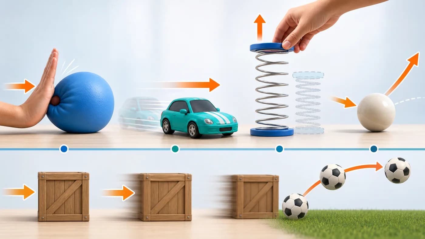 Push, stretch, shape change, motion change, and direction change showing effects of force.
